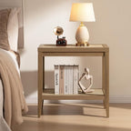 SICOTAS Rattan Night Stand Bedside Table - Farmhouse Boho Narrow End Table for Living Room - Accent Side Table with 2 Rattan Open Storage Shelves for Bedroom, Small Spaces