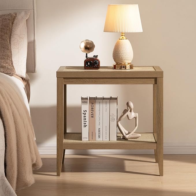 SICOTAS Rattan Nightstands Set of 2 Bedside Table - Boho Narrow End Table Living Room Set of 2 Side Table with Rattan Storage Shelves for Small Space
