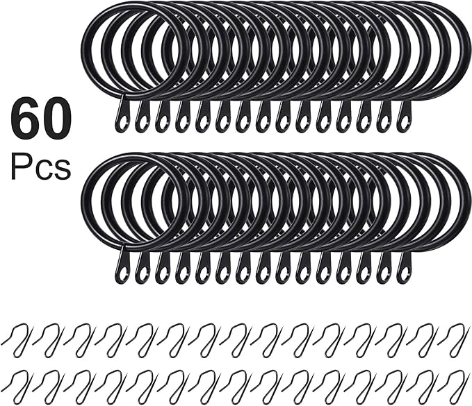 Hotop 30 Pcs Metal Drapery Curtain Rings 0.98/1.26/1.65 inch Interior Diameter and 30 Pcs Hanging Curtain Drapery Pin Hooks for Window Door Shower(42 mm,Black)