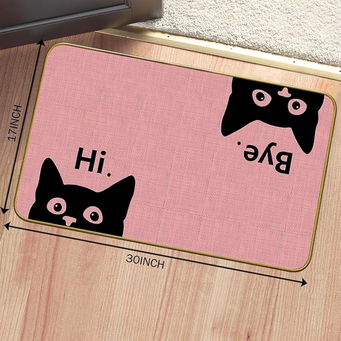 Mingnei Hi Bye Cat Welcome Doormat - Funny Black Cat Lover Floor Mat for Home Kitchen Entrance, 30x17 Pink