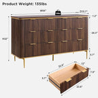 T4TREAM 6-Drawer Dresser Fluted Design, with Gold Accents (Dark Walnut)