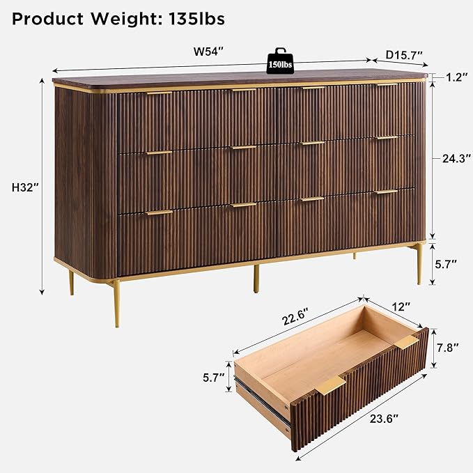 T4TREAM 6-Drawer Dresser Fluted Design, with Gold Accents (Dark Walnut)