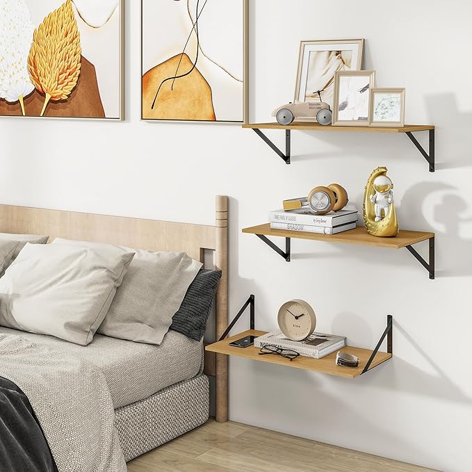 Heimlove 24" W x 12" D Wall Shelves for Books, 12 Inch Deep Floating Shelves Set of 3, Wide Floating Bookshelf with Metal Bracket for Living Room, Kitchen, Office, Bedroom and Decor Storage - Oak