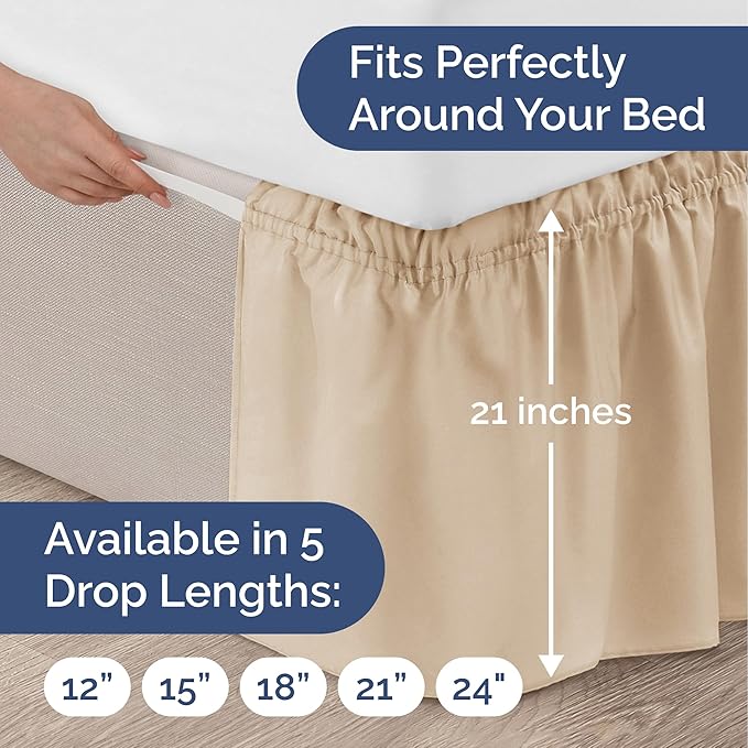 Wrap Around Dust Ruffle Bed Skirt - Cream - for Queen Size Beds with 21 Inch Drop - Easy Fit Elastic Strap - Adjustable Pleated Bedskirt w/Brushed Fabric - Wrinkle Free - for Women, Men, Kids & Teens