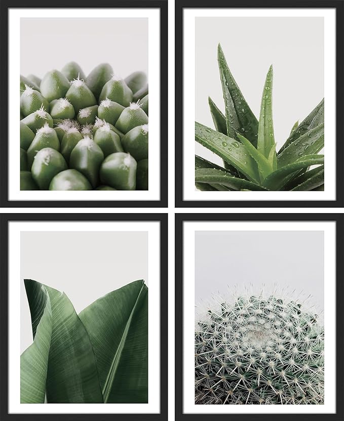 SIGNWIN Framed Tropical Island Wall Art, Set of 4 Green Desert Plant Cactus Snake Plant Wall Decor Prints, Nature Wilderness Wall Décor for Living Room, Bedroom - 11"x14"Black