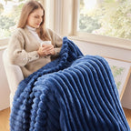NEWCOSPLAY Super Soft Twin Blanket Navy Premium Silky Flannel Fleece 3D Ribbed Jacquard Lightweight Bed Blanket All Season Use (Navy Ribbed, Twin(60"x80"))