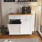 20 Gallon Tilt Out Trash Cabinet, Wooden Kitchen Trash Can Cabinet with Hideaway Drawer, Freestanding Laundry Hamper Garbage Recycling Cabinet on Wheels, Pet Proof, Double, White