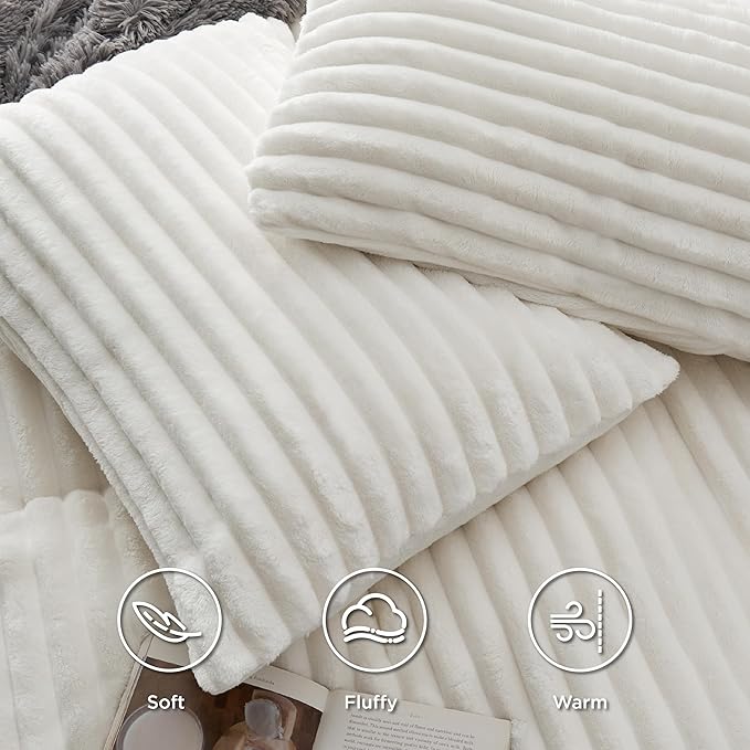 Bedsure Fluffy Duvet Cover Set - Ultra Soft Plush Shaggy Comforter Cover Queen Size, Warm Flannel Fleece Bed Sets for Winter, 3 Pieces (Striped Pattern, Coconut White)