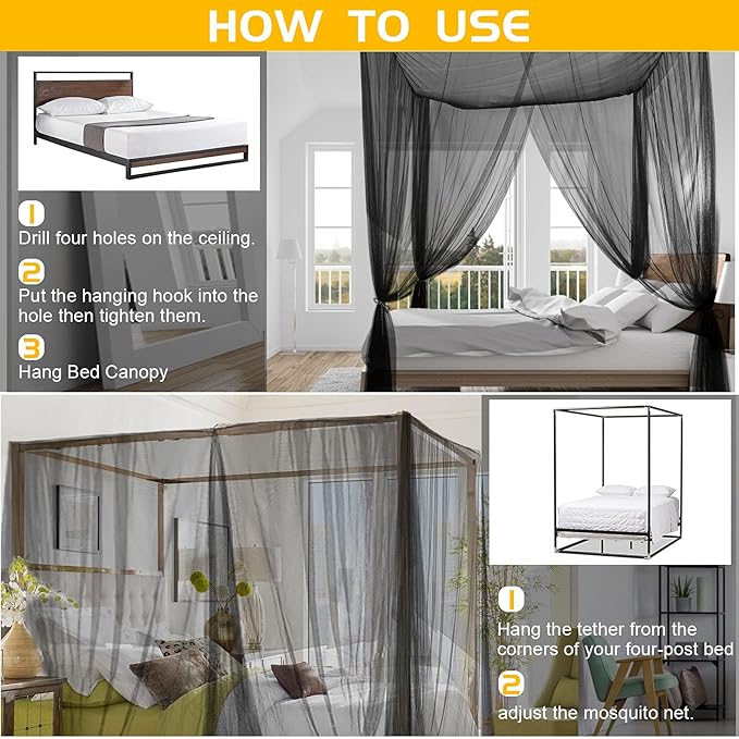VISATOR Mosquito Net Bed Canopy,4 Corner Post Canopy Bed Curtains with 4 Hanging Hook,30ft Hanging Tether,4 Tassel Hanging Pendants and Storage Bag,Canopy Bed for Full/Queen/King Size