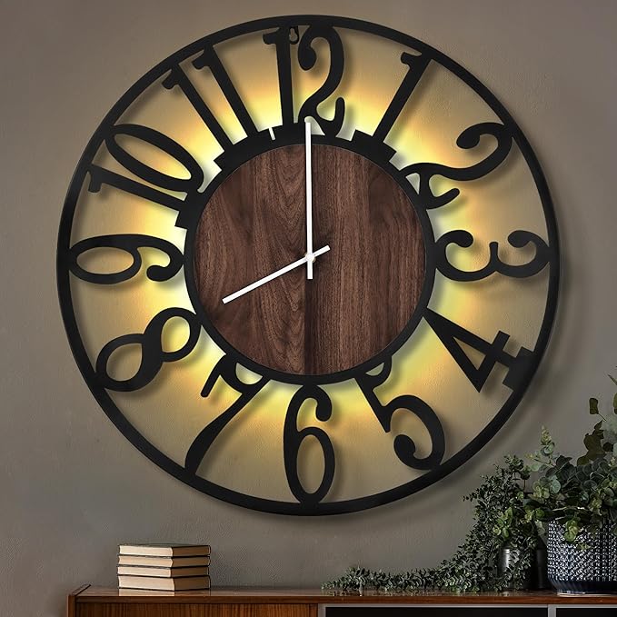 LEIKE Large Wall Clocks with Night Light Battery Operated,Silent Non Ticking,Rustic Modern Big Wood Clock for Living Room, Bedroom,Kitchen,Farmhouse,Office,Home Decor-32 Inch(Black-Arabic Number)