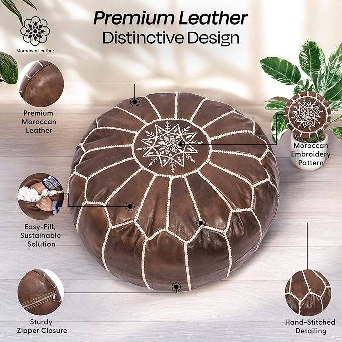 Handmade Moroccan Genuine Leather Pouf Ottoman Cover – Unstuffed Foot Stool Ottoman, Boho Foot Rest Under Desk, Round Ottoman for Living Room, Bedroom - Housewarming Gifts New Home, Weddings Gifts