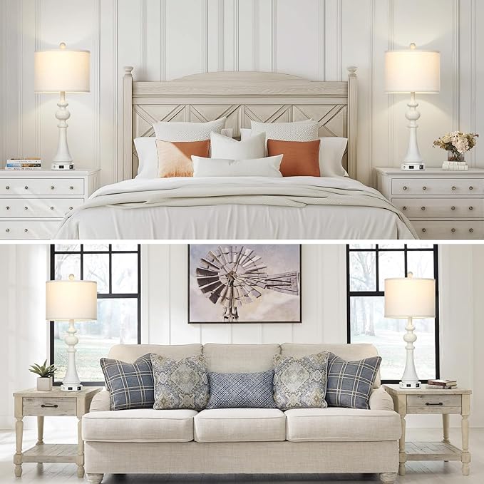 28" Farmhouse Lamps Set of 2, Vintage 3-Way Dimmable Touch Control Table Lamps with USB A+C Fast Ports & AC Outlets, Rustic Traditional Classic Bedside Nightstand Lamps for Living Room Bedroom White