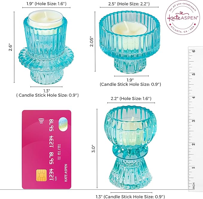 Kate Aspen Vintage Ribbed Glass Black Candlestick Holders, Pillar Candle, Tealight & Votive Candle Holders (Set of 6, 3 Assorted Sizes), Dining Table Decor, Shelf Decor, Centerpiece