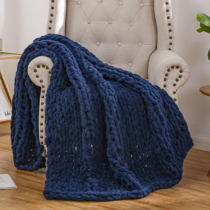 WESHIONGOO Chunky Knit Blanket Throw 50"×60" Knitted Throw Blankets for Couch Bed Fluffy Soft Blanket with Jumbo Chenille Yarn Thick 100% Handmade (Navy Blue)