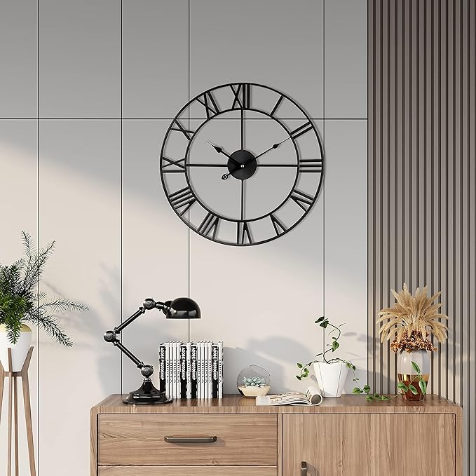1st owned Large Wall Clock Silent Non-Ticking Roman Numerals Vintage Battery Operated (24 inch,18inch,16inch) Farmhouse Wall Clock for Living Room, Bedroom, Kitchen, Cafe Decor-Black 40CM