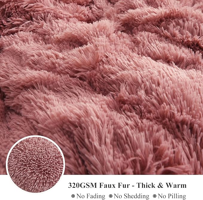 XeGe Plush Faux Fur Throw, Dusty Pink Luxurious 50x60 Shaggy Furry Blanket, Fluffy Microfiber Velvet Couch Throw, Ultra Soft Warm Fuzzy Lap Blanket for Sofa Bed Chair Car Office, Dusty Pink