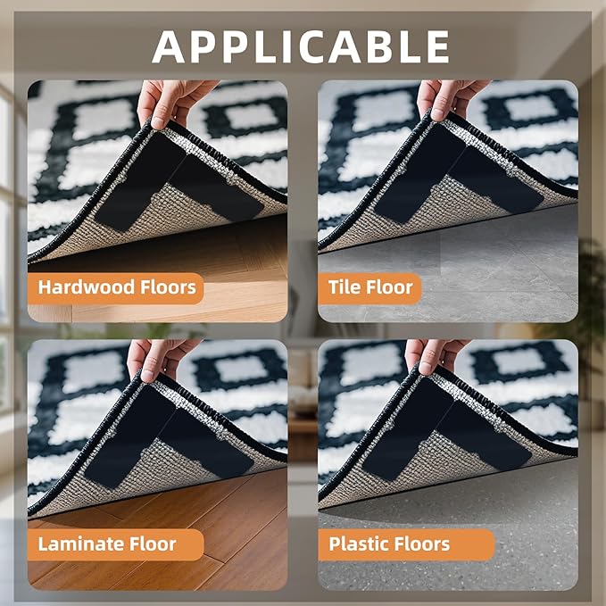 Rug Carpet Non Slip Grippers 8PCS, Reusable Non-Slip Rug Pads，Double Sided Mat Corner Gripper Tape,Strong Adhesive Rug Stickers,Grippers for Area Carpet,No Damage Removable for Hardwood Floors