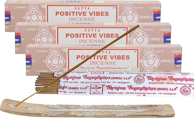 Satya Positive Vibes Incense Sticks, Satya Bng (Bangalore) Insenses 15gmx3 Pack (45 GMS) with Raajsee Incense Holder Bundle, Satya Nagchampa Natural Incense