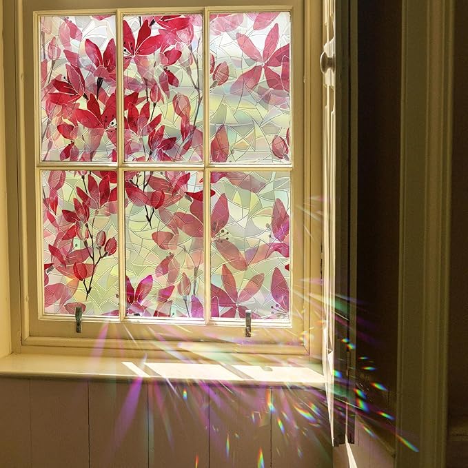 Stained Glass Window Privacy Film, Watercolor Pink Leaves Flowers Double Sided Non-Adhesive Glass Windows Clings Stickers for Home Office Living Room Window Door Decor 16.93 x 39.37 Inches