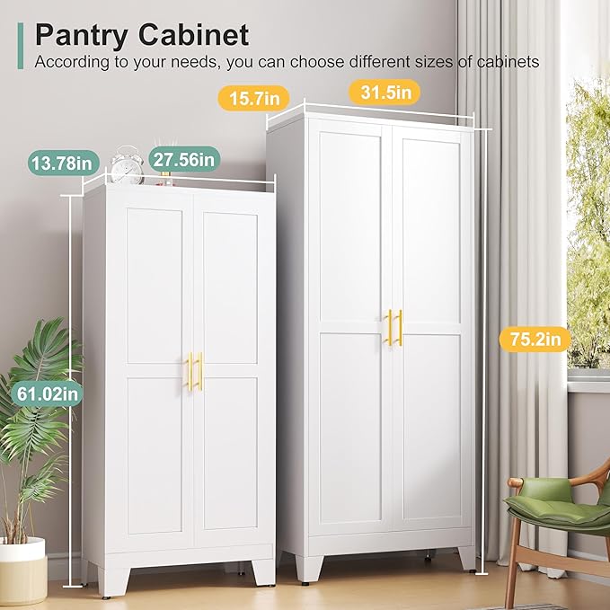 Metal Pantry Cabinet with 2 Doors and 5 Adjustable Shelves, 75" Kitchen Storage cabinets with Gold Handles, Versatile Storage for Laundry Room, Living Room, Bathroom, Dinning Room, Utility Room-White