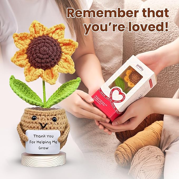 Gossby Handmade Positive Sunflower Doll Crochet with Card - Thank You for Helping Me Grow - Teacher Appreciation Gift from Student - Christmas, Birthday, Graduation, Thank You Gift for Teacher
