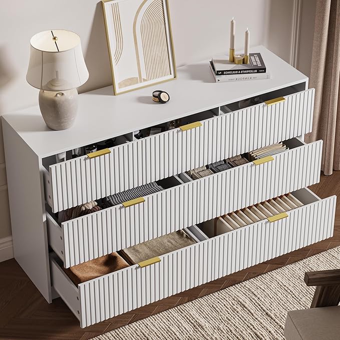 White 7 Drawer Dresser for Bedroom, Modern Fluted Dresser with Gold Metal Handles, Wide Chest of Drawers for Bedroom,Living Room, Entryway, Hallway, 55.9" L x 15.7" D x 31.4" H