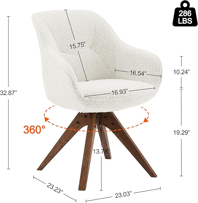 Art Leon Desk Chair No Wheels, Mid Century Modern Office Chair, Swivel Accent Chair with Oak Wood Legs, Boucle Fabric Upholstered Arm Chair, White