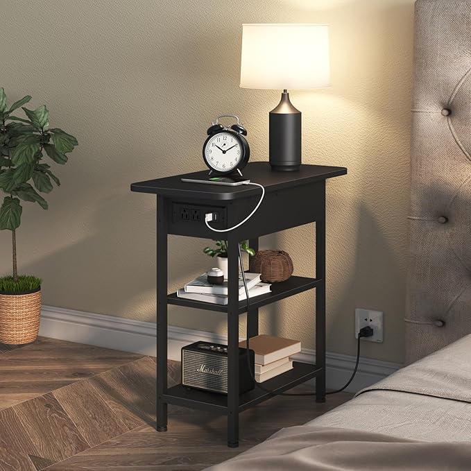 LIDYUK End Table with Charging Station, Flip Top Side Table with USB Ports and Outlets, Nightstand for Small Spaces, Bedside Tables with Storage Shelf for Living Room, Bedroom, Black