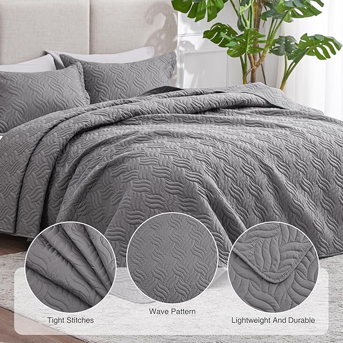 Love's cabin Quilts for Queen Bed Grey Bedspreads Bedding Set - Summer Lightweight Bedspread Comforter - Wave Pattern Bedding Coverlet for All Season - 3 Pieces (1 Quilt, 2 Pillow Shams)