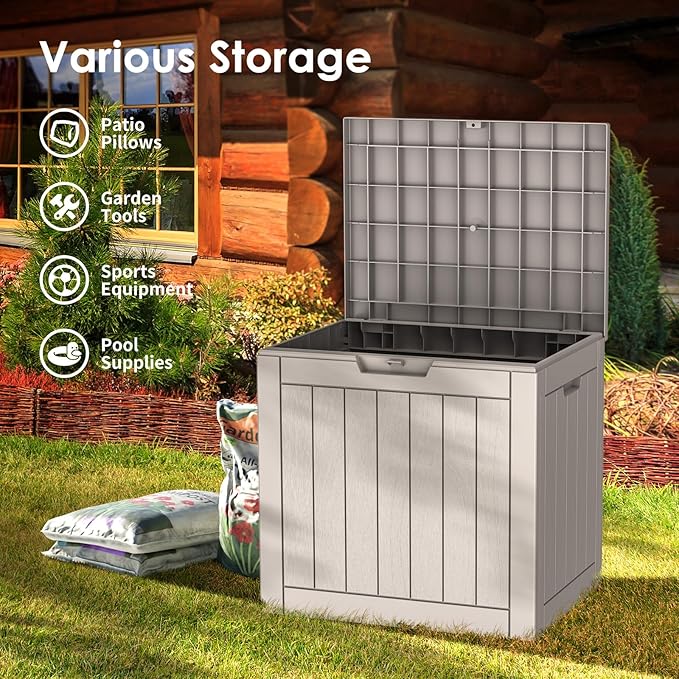 35 Gallon Lockable Resin Deck Box, Waterproof & UV-Resistant Outdoor Storage Box for Outdoor Cushion Storage, Garden Tools & Pool Accessories Storage, Gray