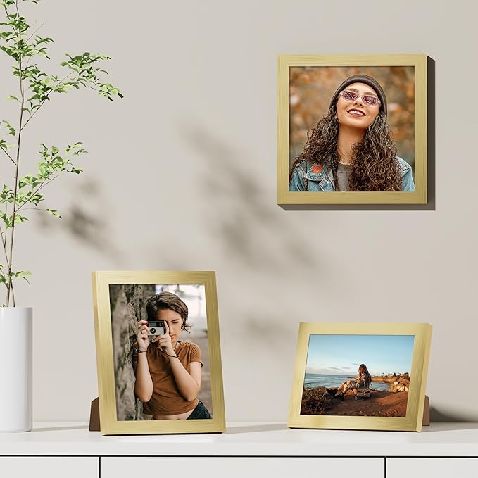 Vittanly 5x7 Picture Frames Set of 9, Shatter Resistant Plexiglass, Display 4x6 Pictures with Mat or 5x7 without Mat, Photo Frames for Wall or Tabletop, Engineered Wood, Gold