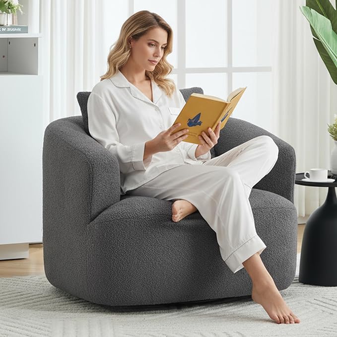 Luxlen Swivel Accent Chair with Pillow for Living Room, Teddy Fleece Upholstered Single Sofa, 360° Rotating Barrel Chair with Metal Base for Bedroom, Office, Apartment - Dark Gray