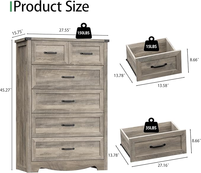 Dresser for Bedroom with 6 Drawers, 46" Tall Wood Chest of Drawers with Deep Drawers & Mental Handle, Modern Dresser TV Stand, Wooden Closet Storage Organizer for Living Room, Hallway, Entryway, Grey