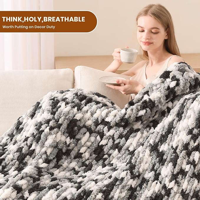 L'AGRATY Chunky Knit Blanket Throw: 50''x60'' Chenille Chunky Knitted Throw Blankets for Bed Couch - Handmade Thick Cable Knit Blanket - Large Crochet Rope Blankets for Home Decor