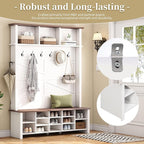 Ball & Cast 4-in-1 Hall Tree with 6 Hooks,Walnut Entryway Bench with Adjustable Shelves,Rustic Shoe Organizer with 16 Open Compartments,for Mudroom,Living Room,Hallway,White