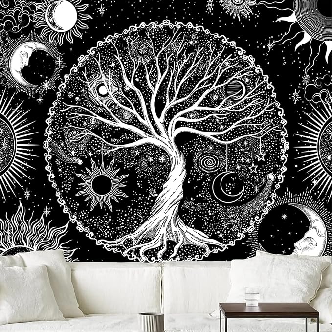 AACKart Tree of Life Tapestry for Bedroom Aesthetic Room Decor-Black and White Spiritual Tree Tapestry Wall Hanging with Sun Moon Star 78.7×59.1 inches