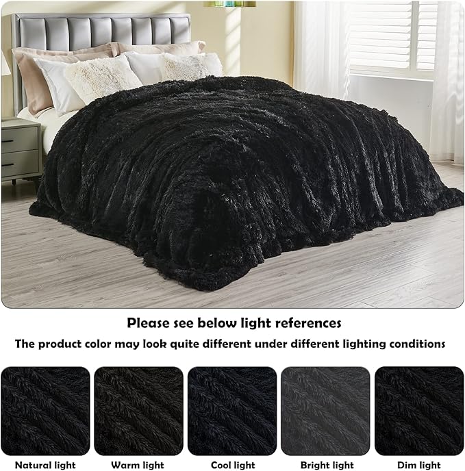 GONAAP Fuzzy Faux Fur Throw Blanket Queen Size Black Super Soft Cozy Plush Fuzzy Shaggy Blanket for Couch Sofa Bed (Black, Queen(90"x90"))