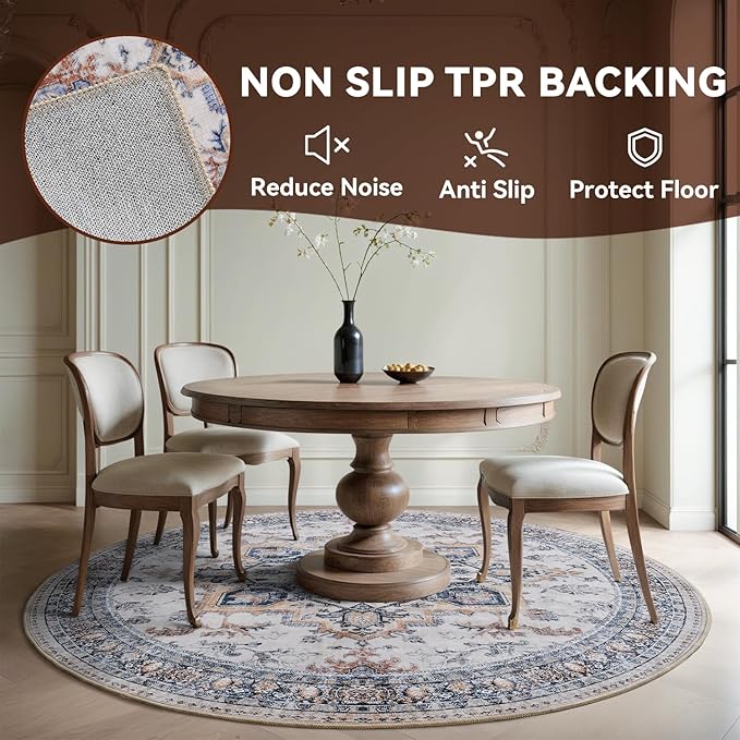 6 ft Round Rugs for Living Room Bedroom Rug Circle Area Rug for Dining Room Table Throw Vintage Circular Rugs Washable Soft Comfortable Blue Rust