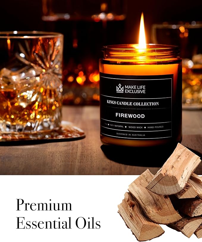 Scented Candles for Men | Firewood & Campfire Scented|Wooden Wick, Long Lasting, Masculine Scents | Natural Soy Jar Candle for Home, Bachelor Pad Decor | The Perfect Mens Gift.
