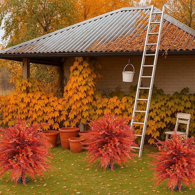 Artificial Topiary Ball Trees with Ground Spikes UV Resistant Faux Greenery Shrubs Fake Shrubs for Outdoors, Realistic Faux Plants Bushes for Garden Porch Yard Patio Decor (Orange Fern)