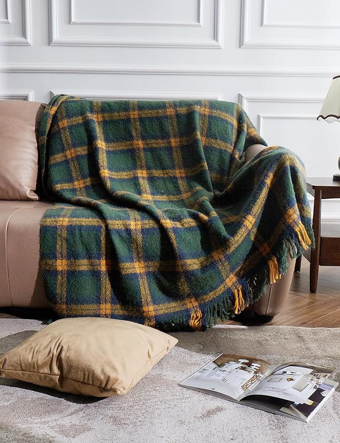 ZonLi Green Plaid Throw Blanket for Couch, Fall Plaid Blanket for Home Decor, Soft Lightweight Cozy All Season Decorative Vintage Blankets with Tassel for Bed and Sofa, 50'' x 60''
