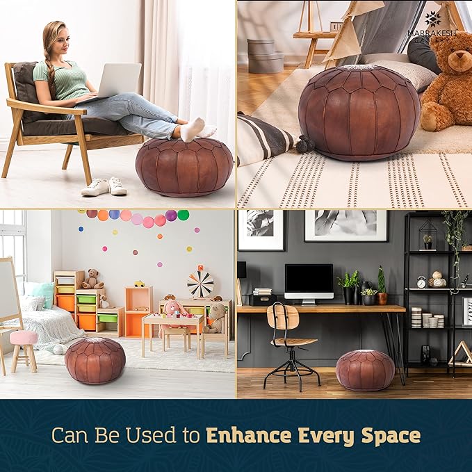 Marrakesh Gallery Genuine Leather Round Pouf Unstuffed - Moroccan Ottoman Footstool, Footrest Cover - Boho Decor - Bohemian Living Room, Bedroom, Kids Room, Gift & Wedding