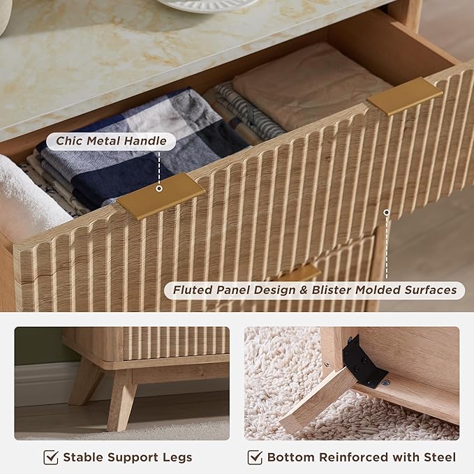 T4TREAM Fluted 5 Drawers Dresser, 48" Tall Modern Chest of Drawers with Faux Marble Top, Curved Profile Design, Wood Drawer Organizer for Bedroom, Living Room, Hallway, Entryway, Natural Oak