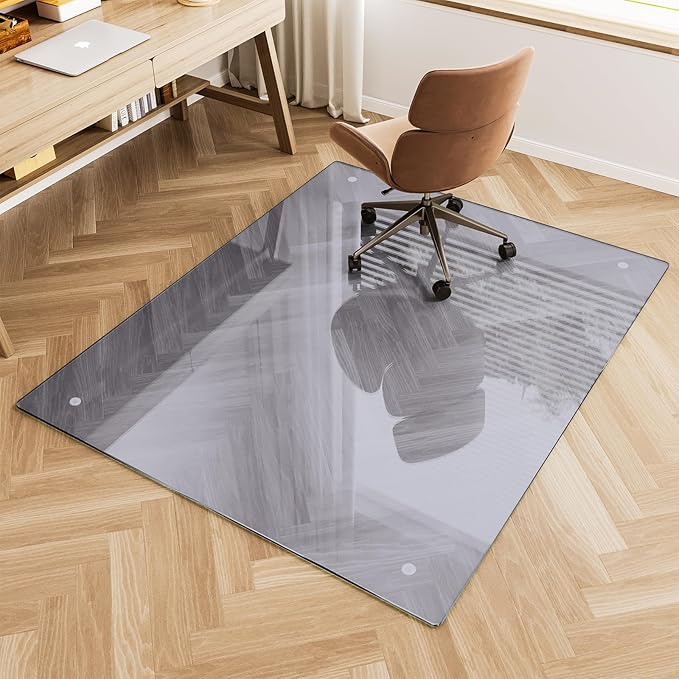 Glass Chair Mat 48" x 60" Heavy Duty Tempered Glass Mat, Office Glass Floor Mat with Round Corner and Polished Edge for Smooth Glide, Carpet Hardwood Floor Protector,Grey