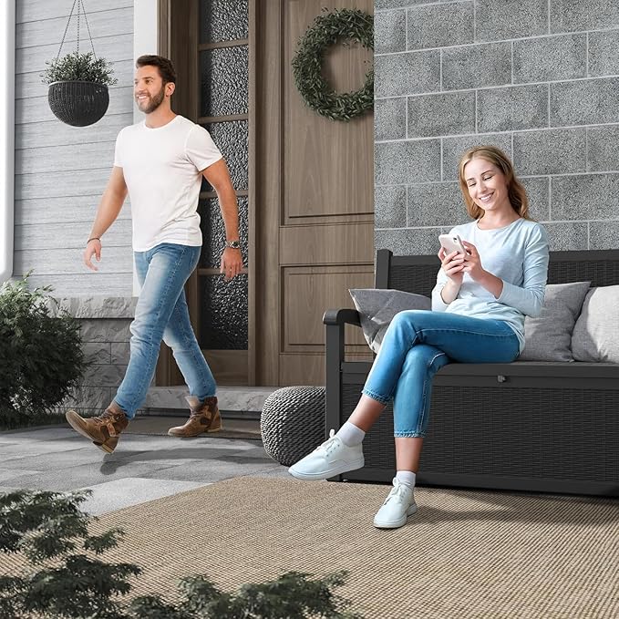 70 Gallon Lockable Outdoor Storage Bench Waterproof, Deck Box Bench for Patio, Porch, Garden, Poolside, Stores Tools & Pool Supplies, Heavy-Duty Outdoor Bench with Storage, Black