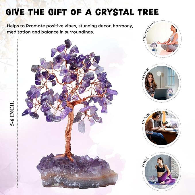 Amethyst Crystal Tree with Cluster Base Tree of Life Decor for Shelf, Bedroom, Birthday Gifts for Women, Sister Gift, Birthday Gifts for Mom, Cute Home Office Decor Purple Housewarming Present