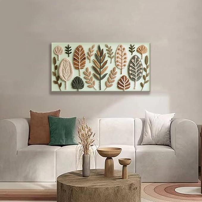 Boho Wall Art Chic Home Wall Art Modern Bohemian Feather Green Canvas Wall Art Decor For Apartment Dorm Living Room Bedroom Nursery Backdrop 20"W X 40"L Ready To Hanging