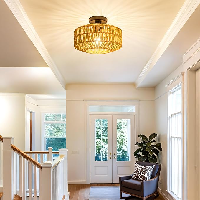 MAYNA Rattan Ceiling Light Fixture, Hand-Woven Boho Light Fixtures Ceiling Mount, Rattan Flush Mount Ceiling Light for Farmhouse Hallway Bedroom Kitchen Entryway Living Room (Black)