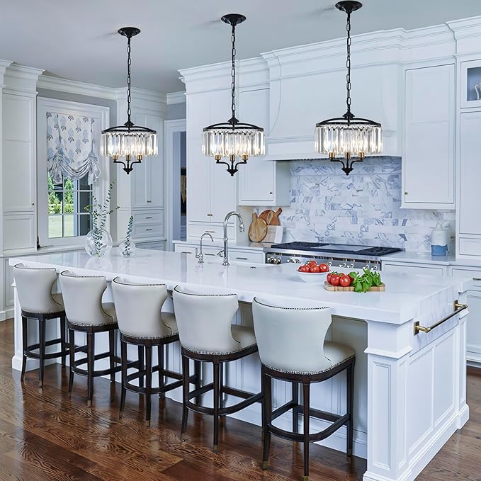 Modern Crystal Chandelier Dining Room Black Gold Farmhouse Glass Pendant Light Fixture 3 Light Adjustable Hanging for Kitchen Island Foyer Bedroom Living Room Hallway