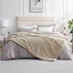 Amélie Home Faux Fur Throw Blanket for Couch, Cozy Fuzzy Fluffy Fur Luxurious Soft Striped Plush Gift Blankets for Family Sofa Chair Bed Living Room Bedroom, 60"x80", Beige